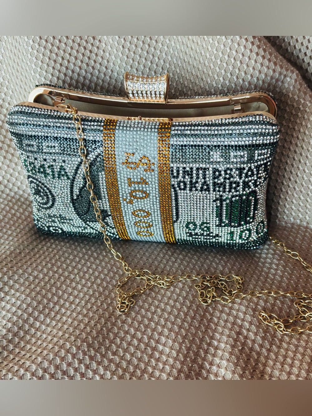 Rhinestone-Embellished Money Print Clutch in Gold and Green